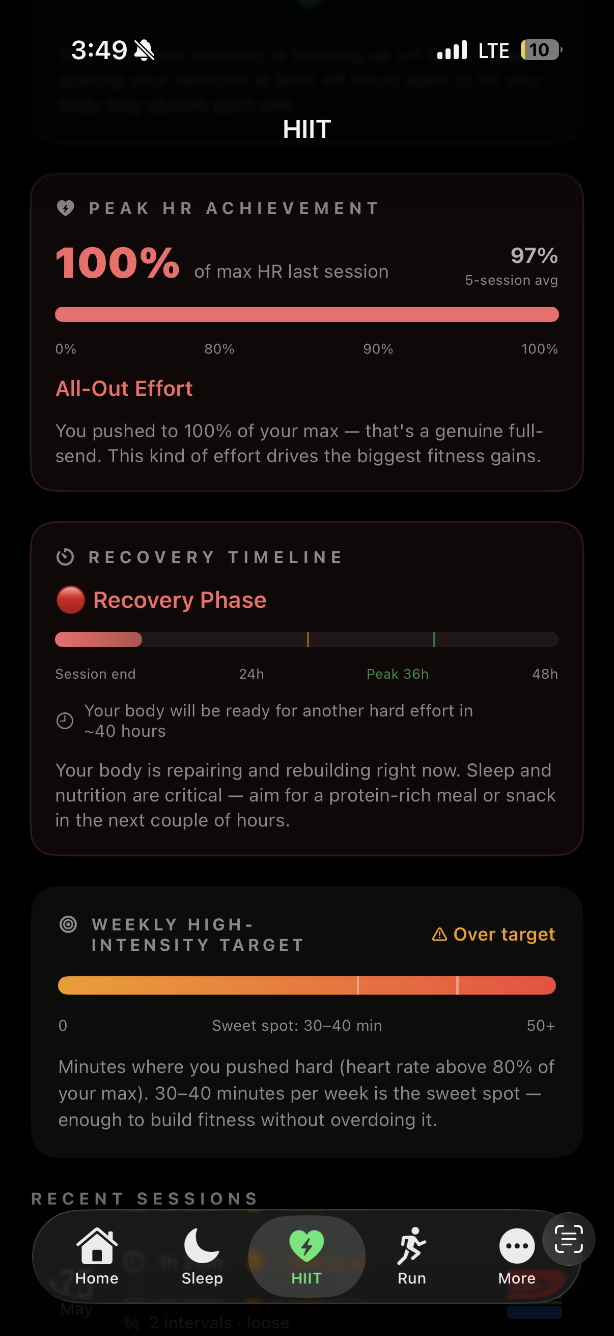Vero HIIT workout analysis screen