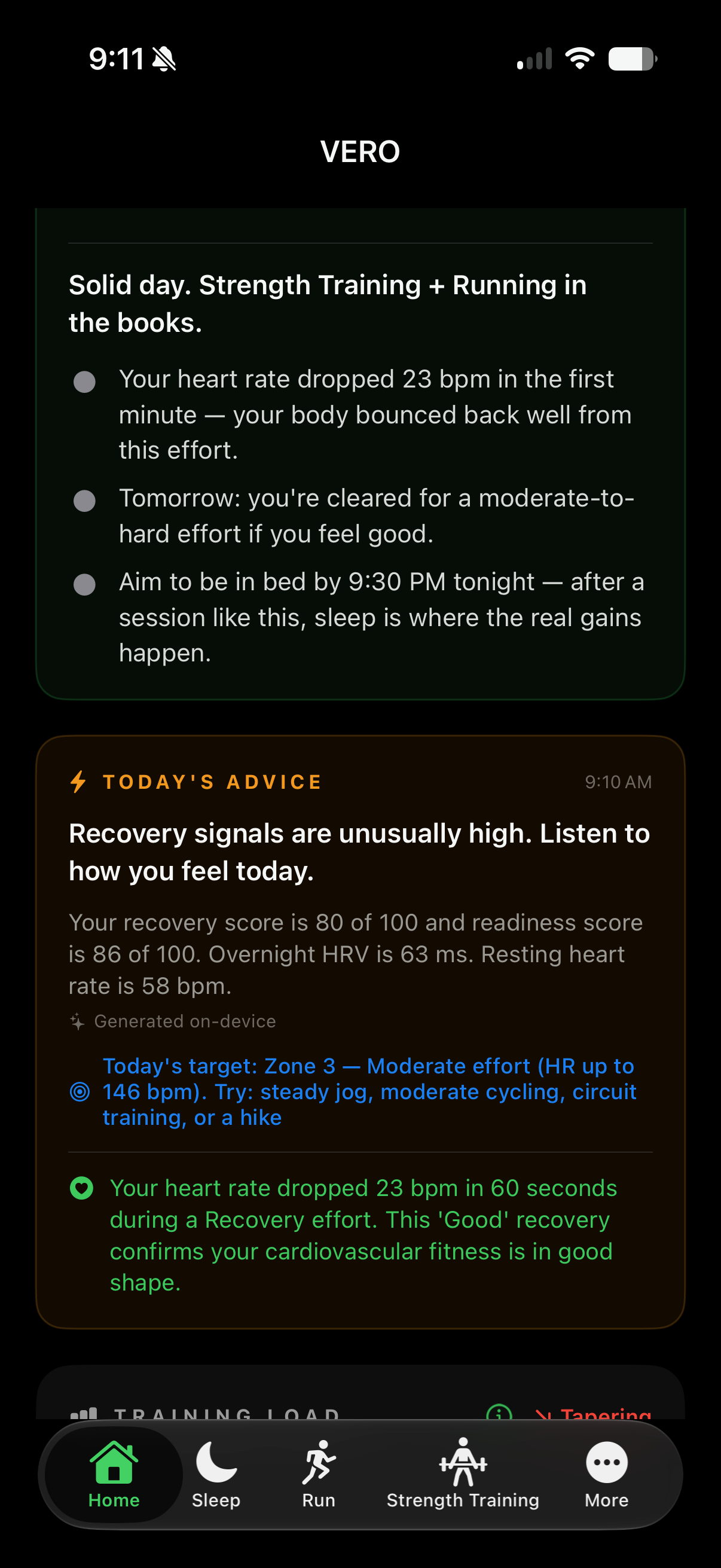 Vero training load screen from Apple Watch workout data