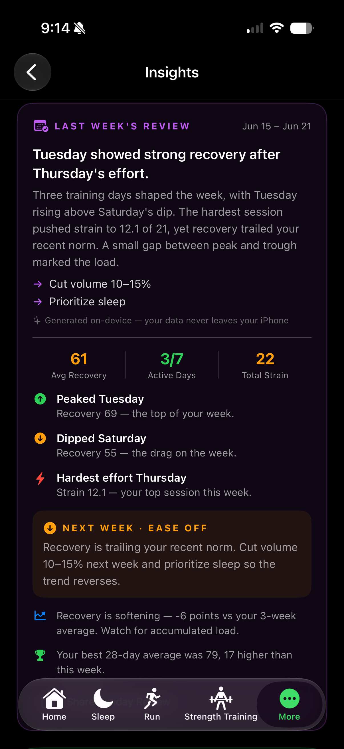 Vero daily recovery signal and weekly training summary