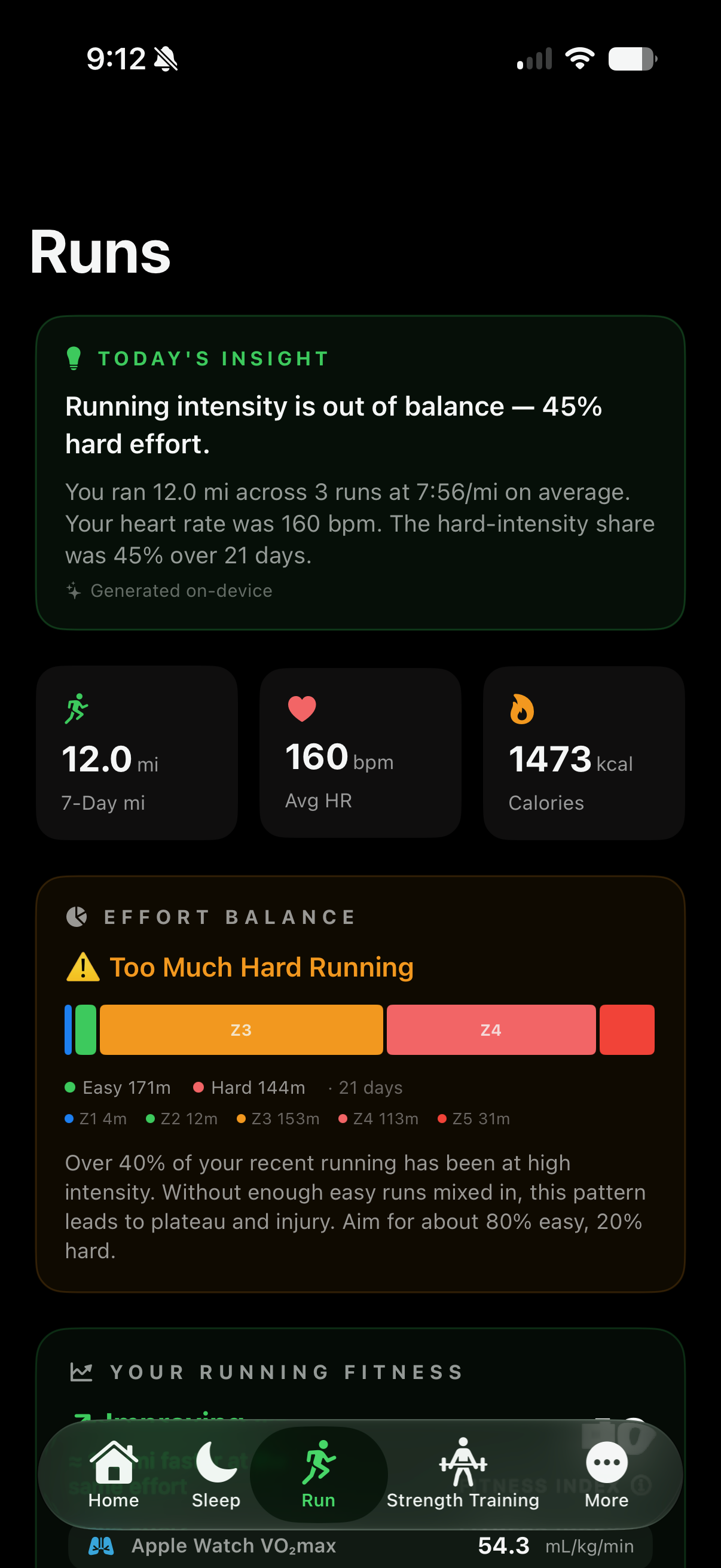 Vero running workout analysis screen