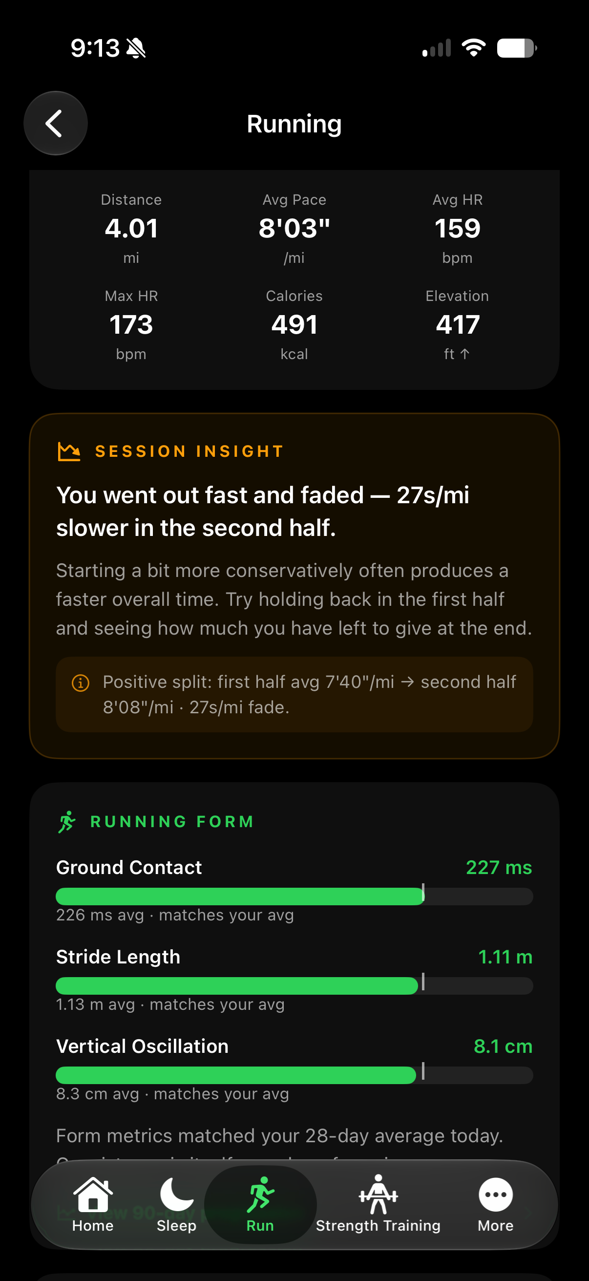 Vero workout analysis screen